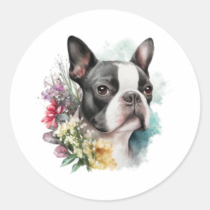 Adorable Boston Terrrier and Flowers Classic Round Sticker