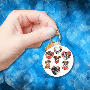 Adorable Boxer Dog with Red Heart Watercolor Key Ring