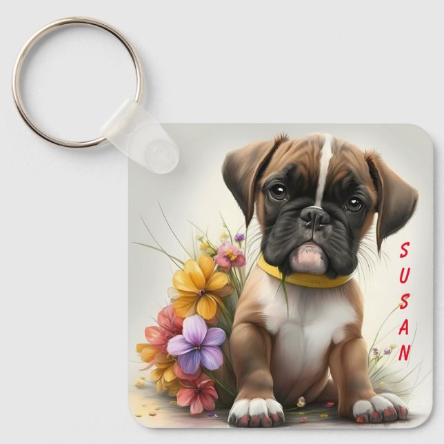 Adorable Boxer Puppy Dog Key Ring (Front)