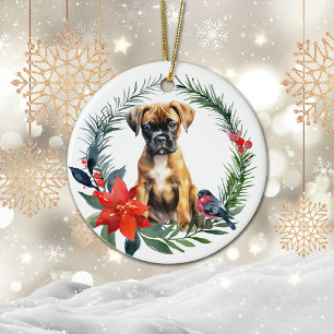 Adorable Boxer Puppy Watercolor Poinsettia Ceramic Ornament