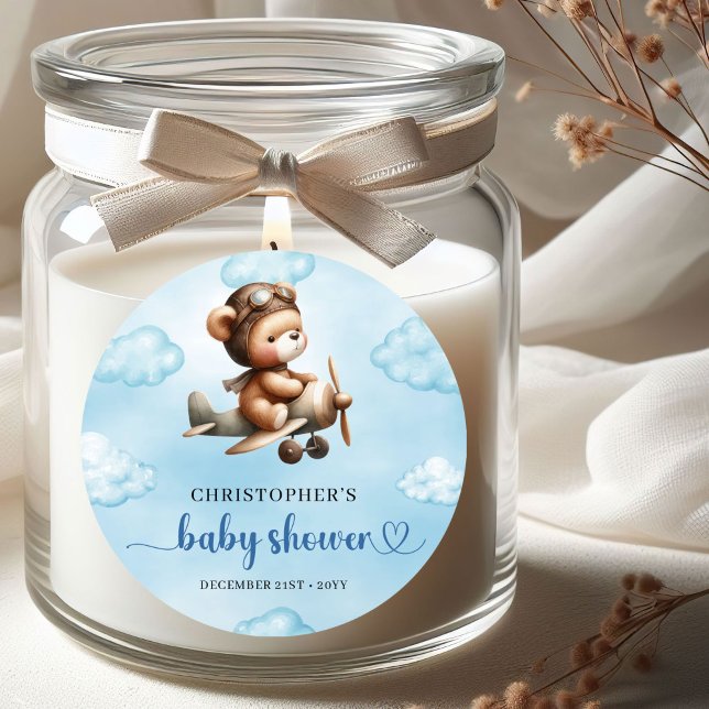 Adorable Boy Shower Teddy Pilot Airplane Sticker (Celebrate your little aviator’s upcoming arrival with this adorable boy baby shower sticker featurin)
