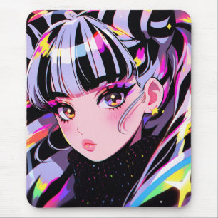 Adorable Bright Colourful Neon Zebra Anime Girl Mouse Pad