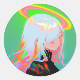 Adorable Bright Neon Halo Anime Girl Classic Round Sticker