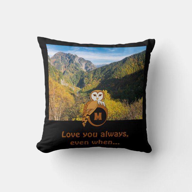 Adorable British Owl Nesting Monogram Egg Photo Cushion (Front)