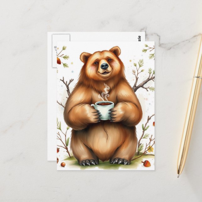 Adorable Brown Bear and a Coffee Postcard (Front/Back In Situ)