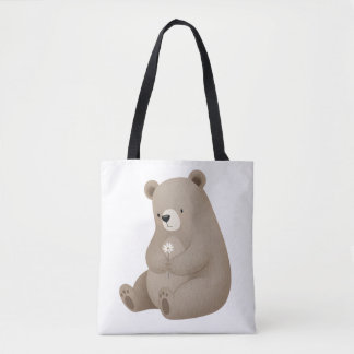 Adorable Brown Bear with Daisy - Watercolor Tote Bag