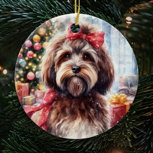 Adorable Brown Havanese Dog with Red Bow Christmas Ceramic Ornament (Creator Uploaded)
