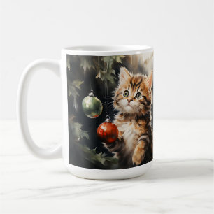 ADORABLE BROWN TABBY KITTEN WITH CHRISTMAS BALLS COFFEE MUG