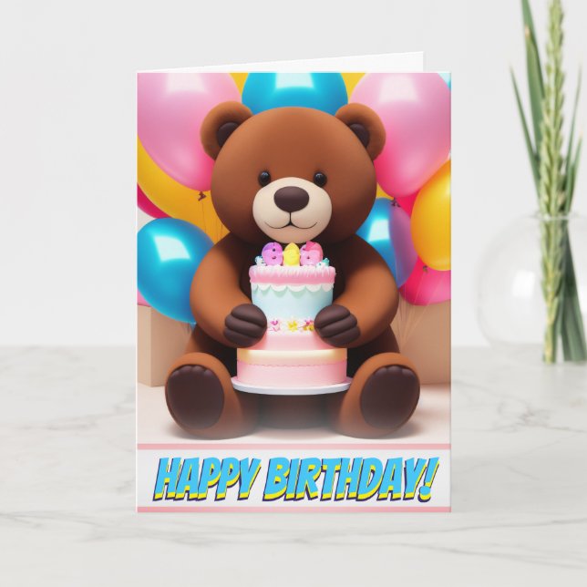 Adorable Brown Teddy Bear Birthday Party Card (Front)