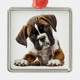 ADORABLE BROWN & WHITE BOXER PUPPY DOG METAL ORNAMENT