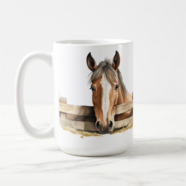 ADORABLE BROWN & WHITE HORSE PEEKING OVER FENCE COFFEE MUG (Left)