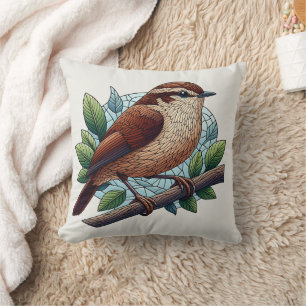 Adorable Brown Wren Stained Glass Look Cushion