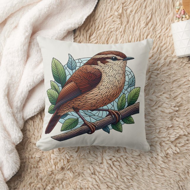 Adorable Brown Wren Stained Glass Look Cushion (Blanket)
