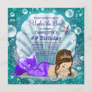 Adorable Brunette Mermaid Under the Sea Birthday Invitation