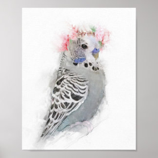 Adorable Budgie Wearing a Flower Crown Portrait Poster