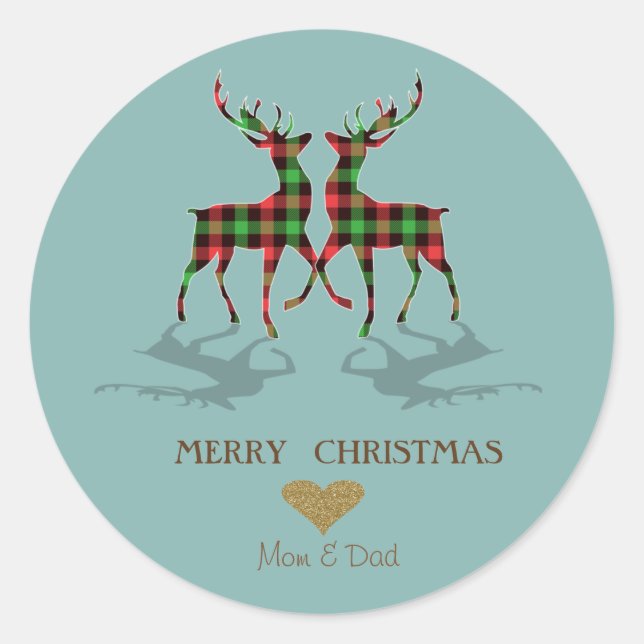 Adorable Buffalo Plaid Reindeers,Heart  Classic Round Sticker (Front)