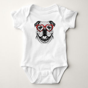 Adorable Bulldog in Red Heart Glasses - Love Dog Baby Bodysuit