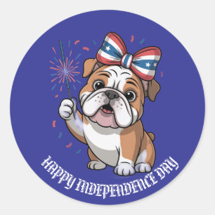 Adorable bulldog puppy US Flag Custom Classic Round Sticker