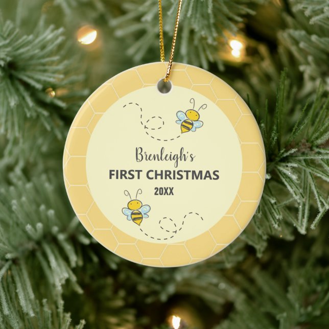 Adorable Bumble Bee First Christmas Custom Ceramic Ornament (Tree)