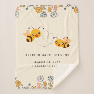 Adorable Bumble Bees & Flowers Baby Birth Stats Sherpa Blanket