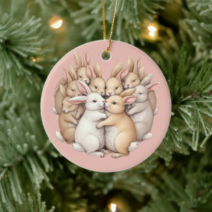 Adorable Bunnies in a Cosy Pastel Hug Illustration Ceramic Ornament