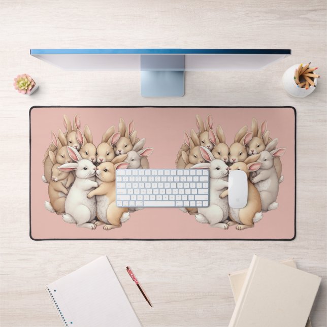 Adorable Bunnies in a Cosy Pastel Hug Illustration Desk Mat (Office 1)