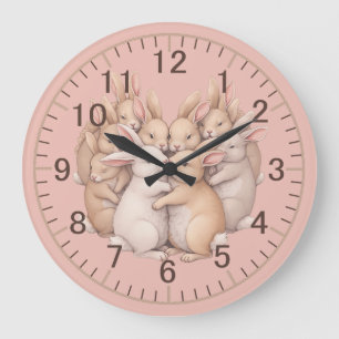 Adorable Bunnies in a Cosy Pastel Hug Illustration Large Clock