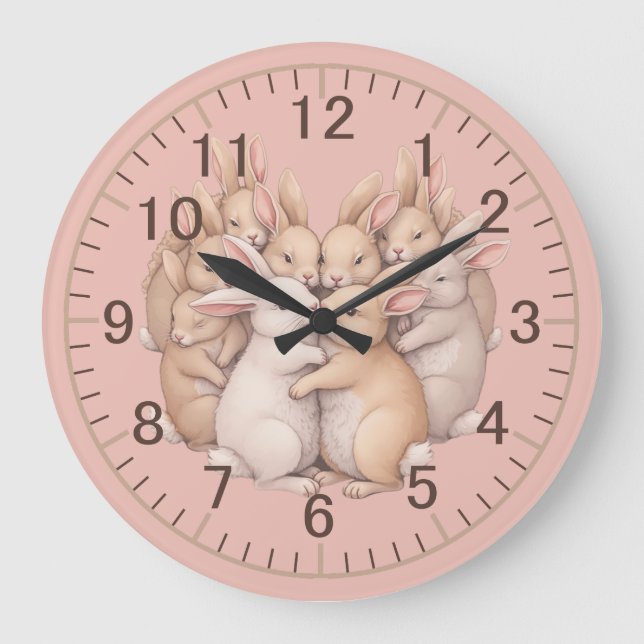 Adorable Bunnies in a Cosy Pastel Hug Illustration Large Clock (Front)