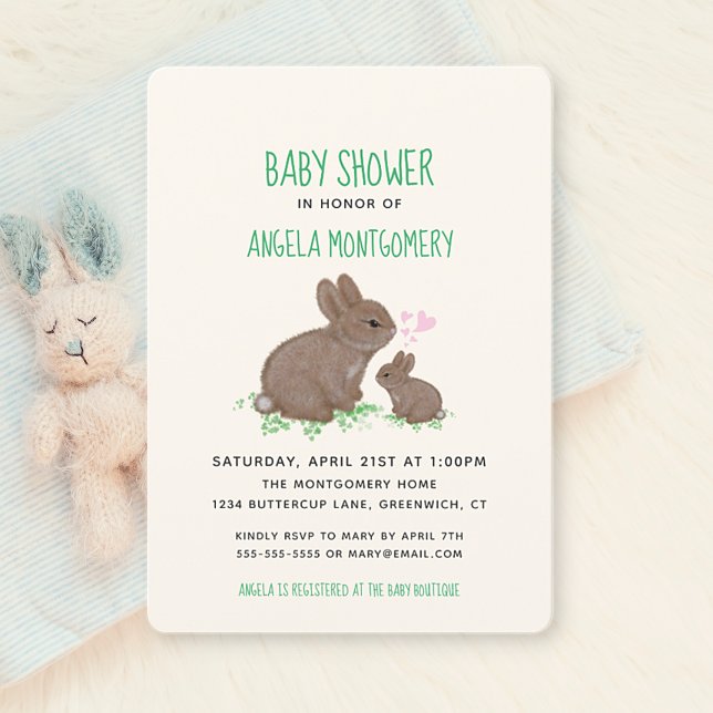 Adorable Bunnies in Clover with Hearts Baby Shower Invitation (Creator Uploaded)