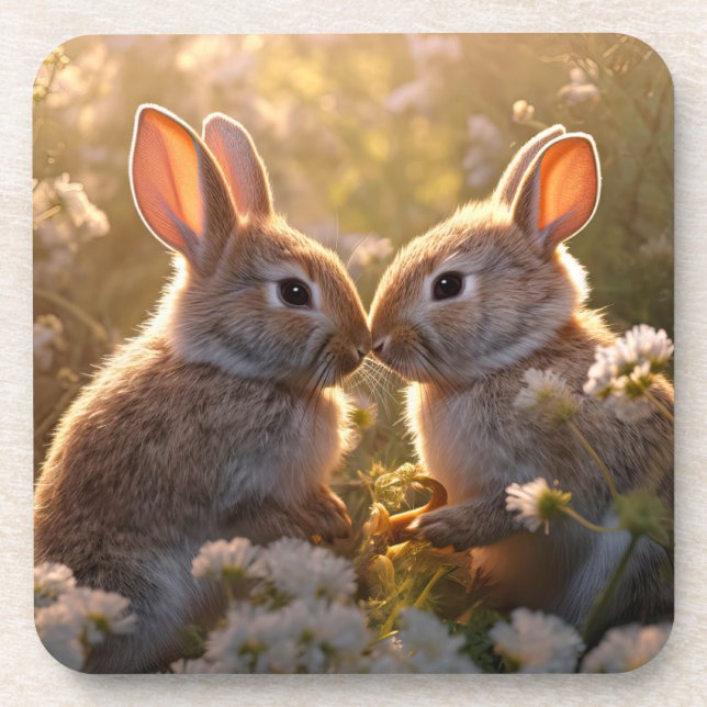 Adorable Bunnies in Spring Meadow Design Coaster (Front)
