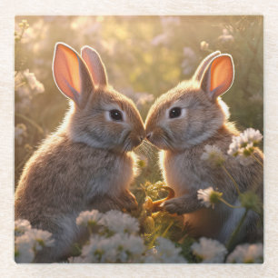 Adorable Bunnies in Spring Meadow Design Glass Coaster