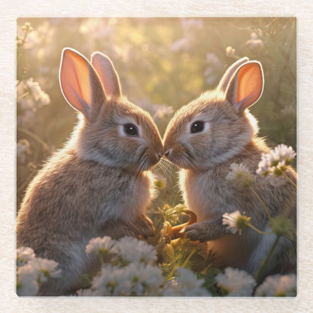 Adorable Bunnies in Spring Meadow Design Glass Coaster (Front)