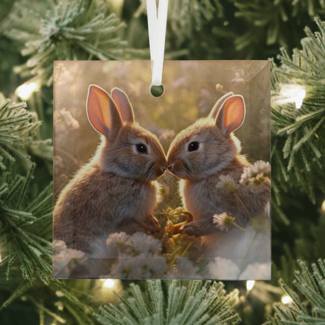 Adorable Bunnies in Spring Meadow Design Glass Tree Decoration (Insitu)