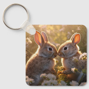 Adorable Bunnies in Spring Meadow Design Key Ring