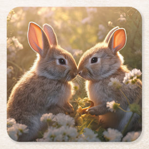 Adorable Bunnies in Spring Meadow Design Square Paper Coaster