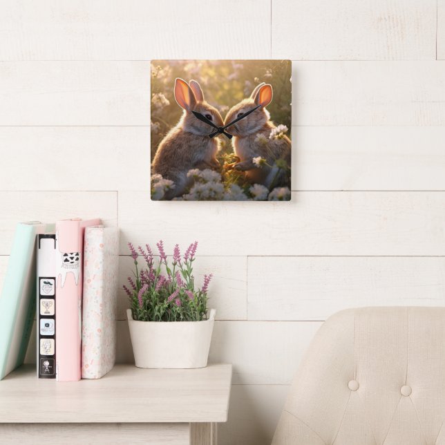Adorable Bunnies in Spring Meadow Design Square Wall Clock (Reading Room)