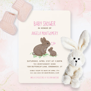 Adorable Bunnies with Hearts Girl Baby Shower Invitation