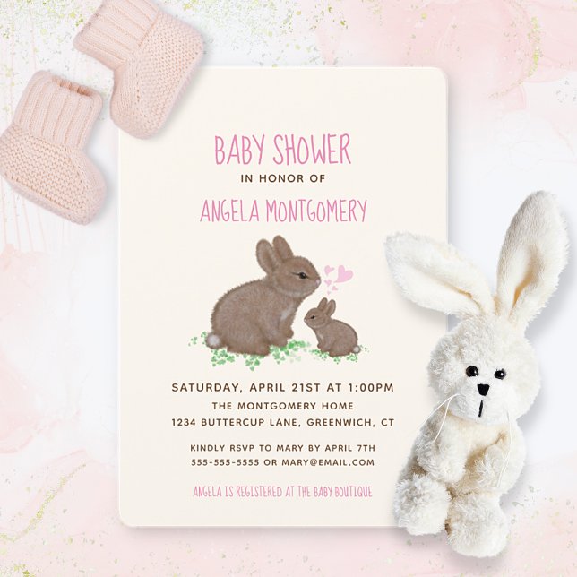 Adorable Bunnies with Hearts Girl Baby Shower Invitation (Creator Uploaded)