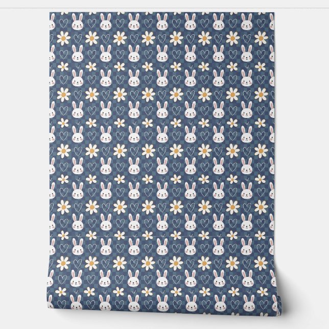 Adorable Bunny and Flower Pattern Wallpaper (Unrolling)