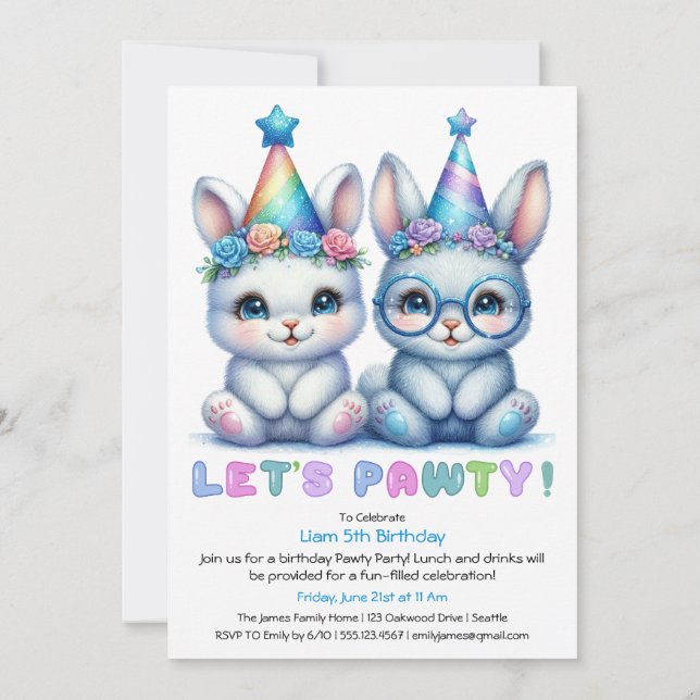 Adorable Bunny Birthday Invitation – Blue Glitter  (Back)