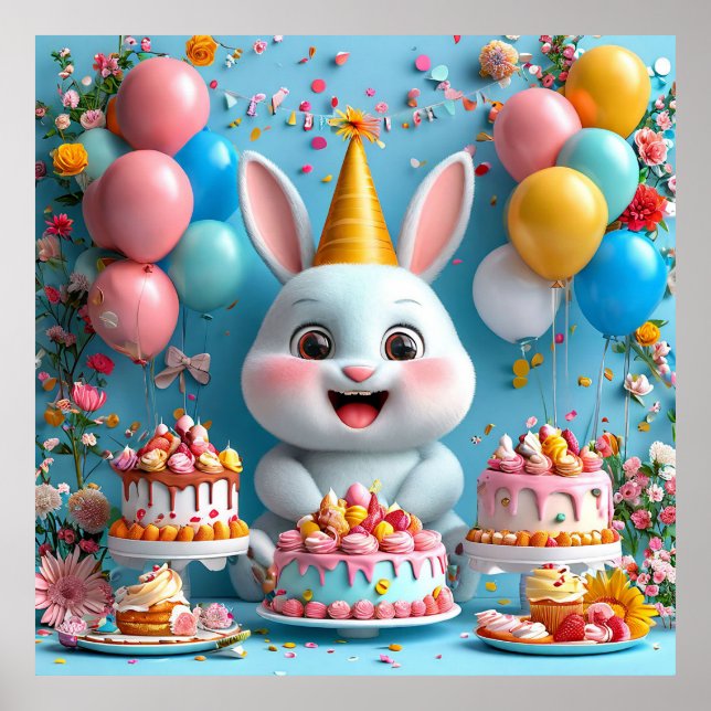 Adorable Bunny Celebrating Birthday Poster (Front)