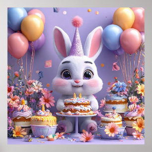 Adorable Bunny Celebrating Birthday Poster