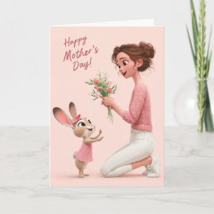 Adorable Bunny Gives Flowers for Mother’s Day Card