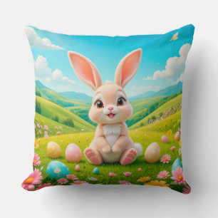 Adorable Bunny in a Colourful Spring Meadow Cushion