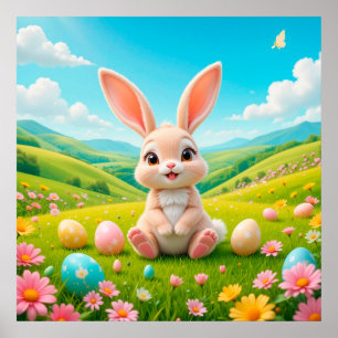 Adorable Bunny in a Colourful Spring Meadow Poster