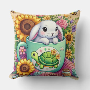 Adorable Bunny in Cup Surrounded by Flowers Cushion