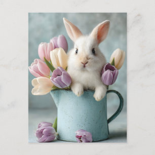 Adorable Bunny Peeking from a Pitcher of Tulips Holiday Postcard
