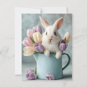 Adorable Bunny Peeking from a Pitcher of Tulips Postcard