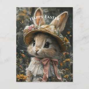 Adorable Bunny Straw Hat Flowers Lace Postcard