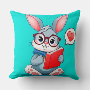 Adorable Bunny Wearing Glasses Reading a Book Cushion